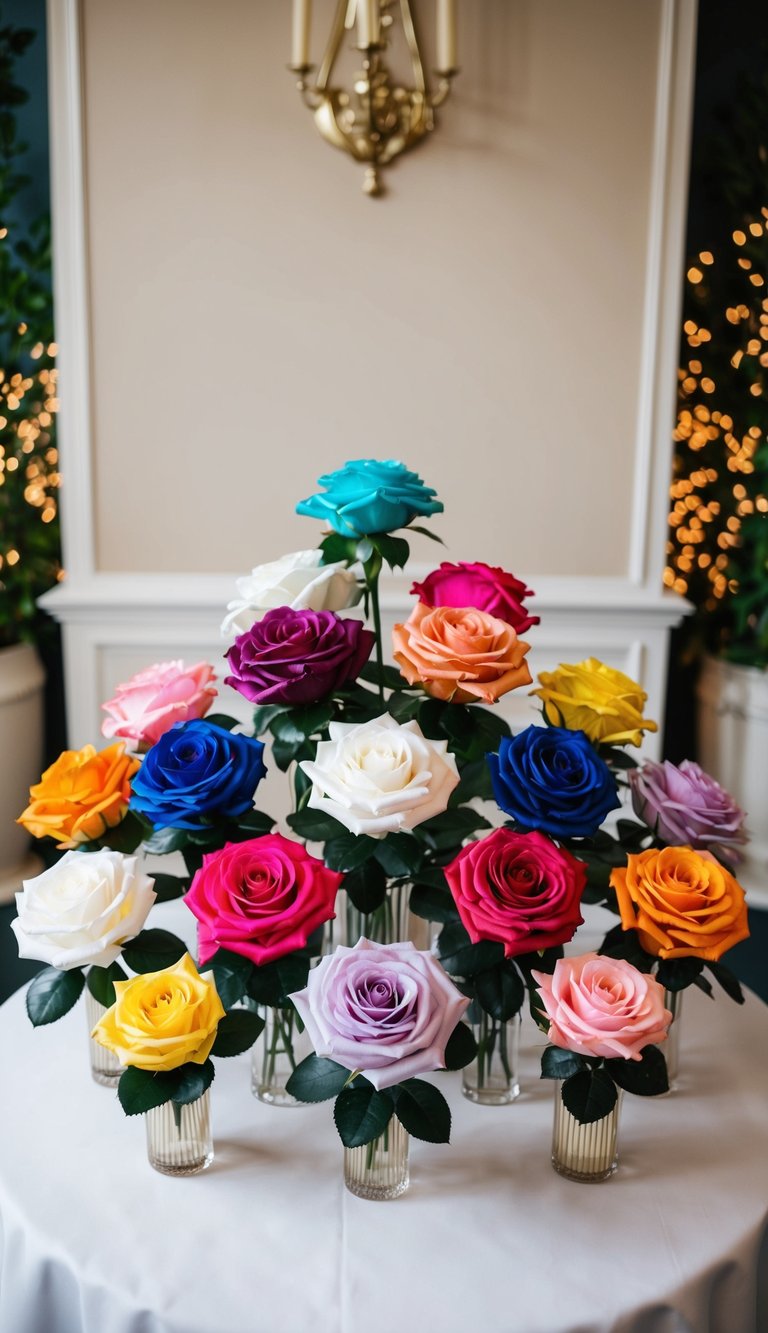 A table adorned with 10 silk rose bouquets in various colors and sizes, arranged in an elegant display