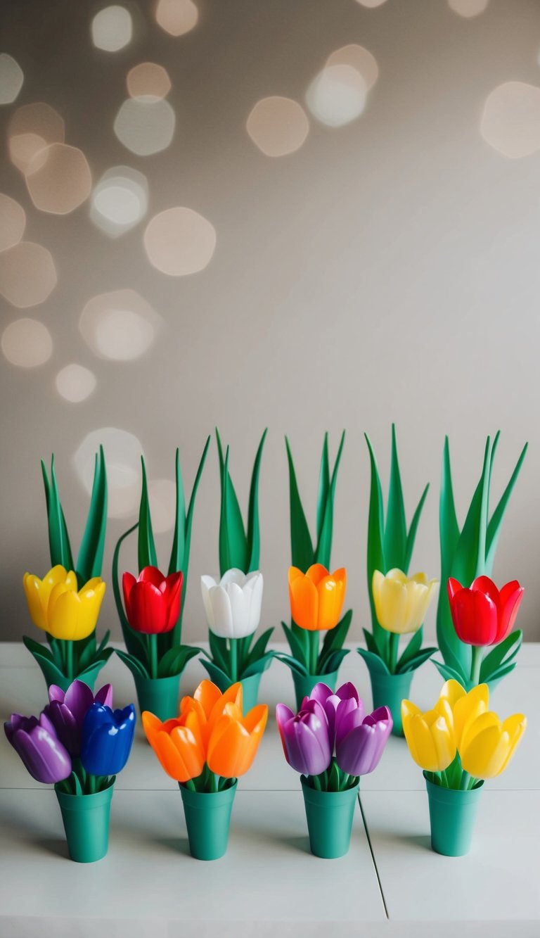 A table with 10 plastic tulip bouquets arranged in a variety of colors and heights, set against a neutral background