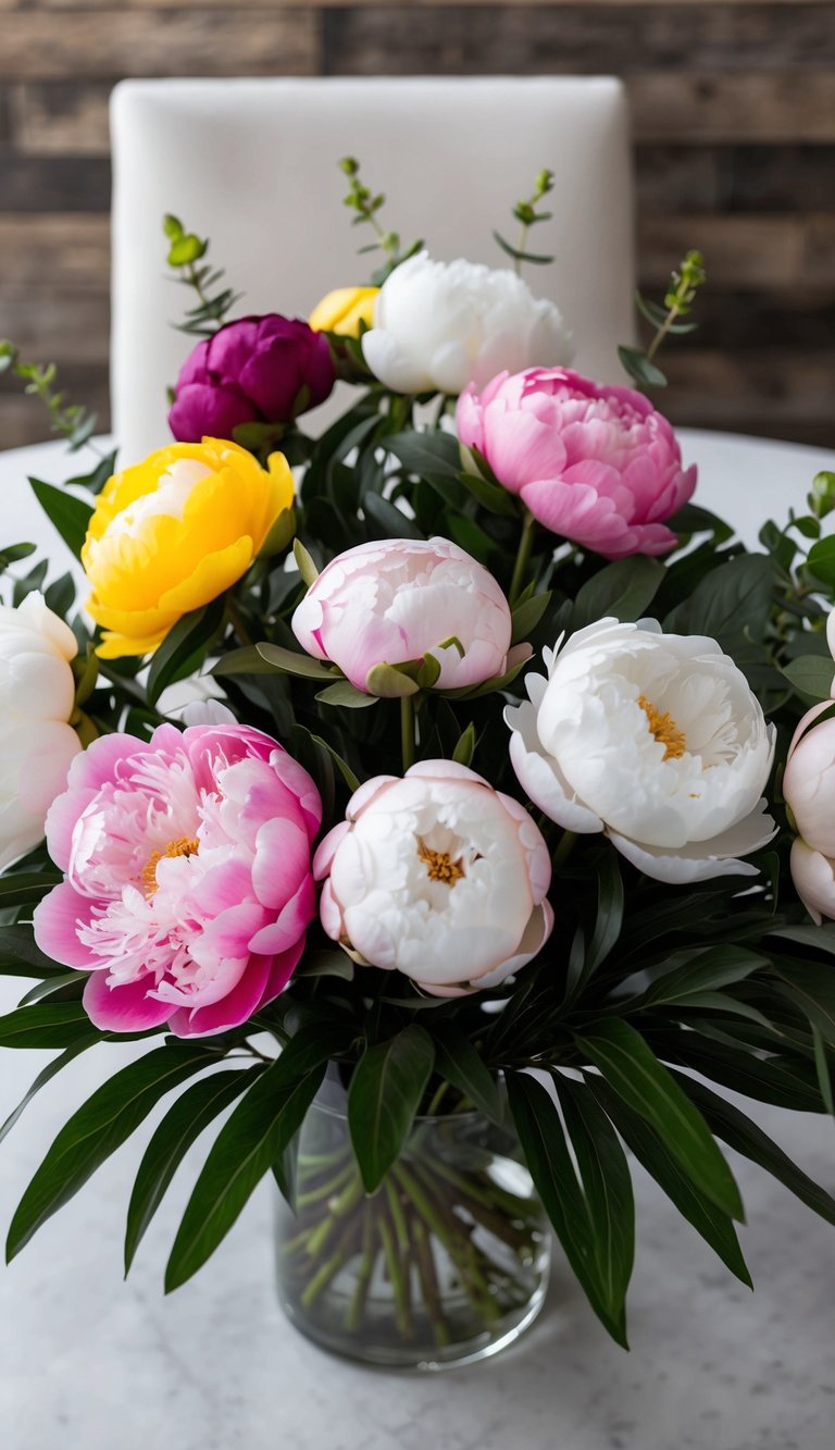 A table with 10 artificial peony sprays in various colors and sizes arranged in a bouquet