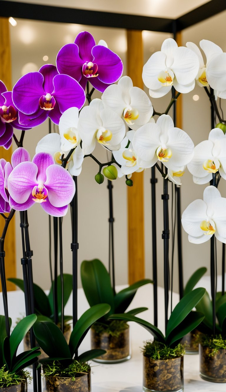 Ten faux orchid bouquets arranged in a display, varying heights and colors