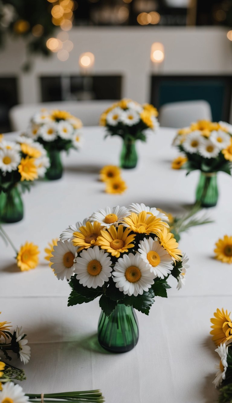 A table scattered with 10 polyester daisy cluster artificial flower bouquets