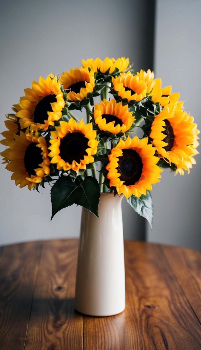A vase holding 10 synthetic sunflower bouquets on a wooden table