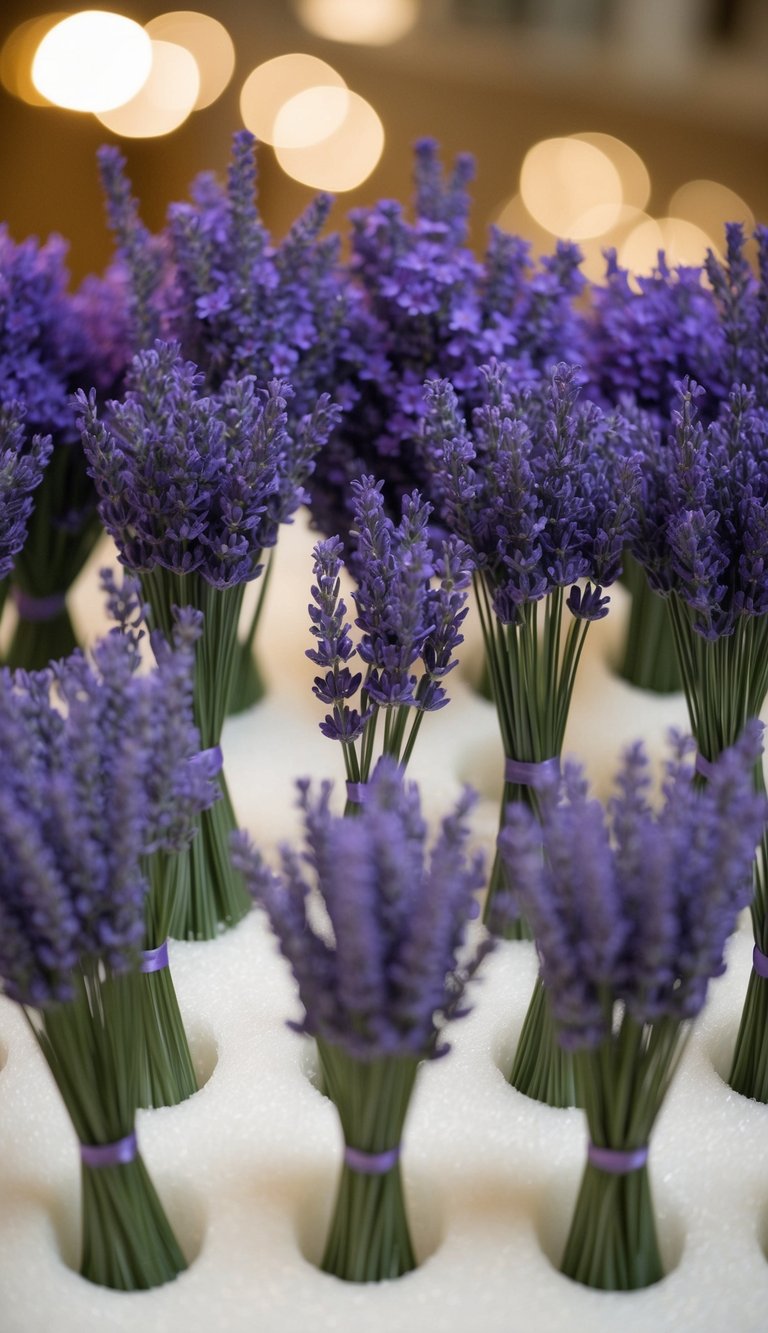 Ten artificial lavender bouquets arranged in foam, with delicate stems and lifelike petals, creating a beautiful and calming display
