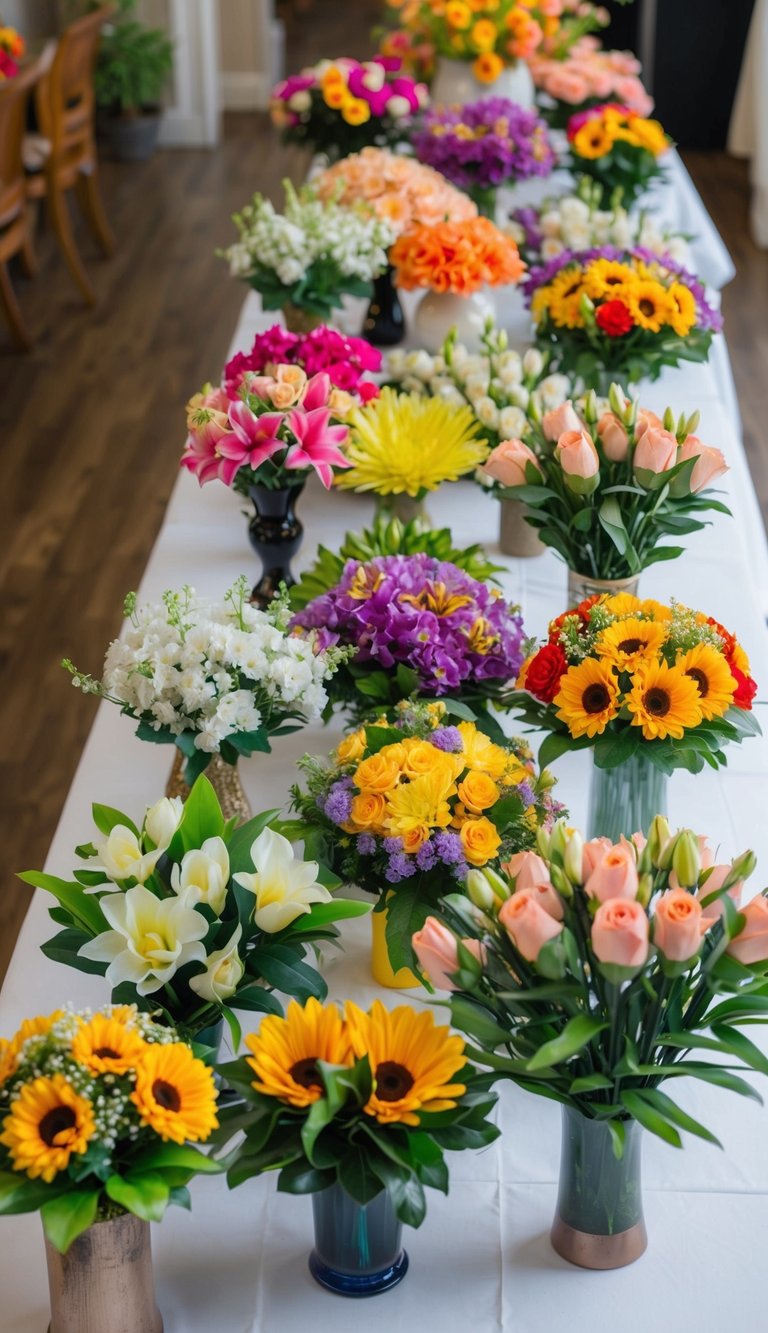 A table covered in various artificial flower bouquets, some in vases, others laid out in a display. Bright colors and realistic details make them appear lifelike