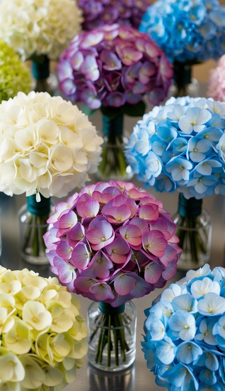Ten artificial hydrangea bouquets arranged in an assembly, with varying colors and sizes. Each bouquet is neatly placed in a row, creating a visually appealing display