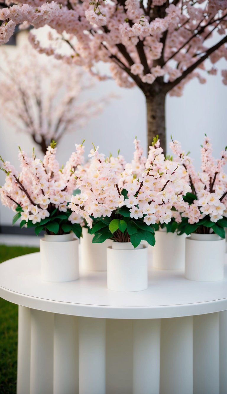 A table displays 10 bouquets of artificial cherry blossoms in a polyfoam set