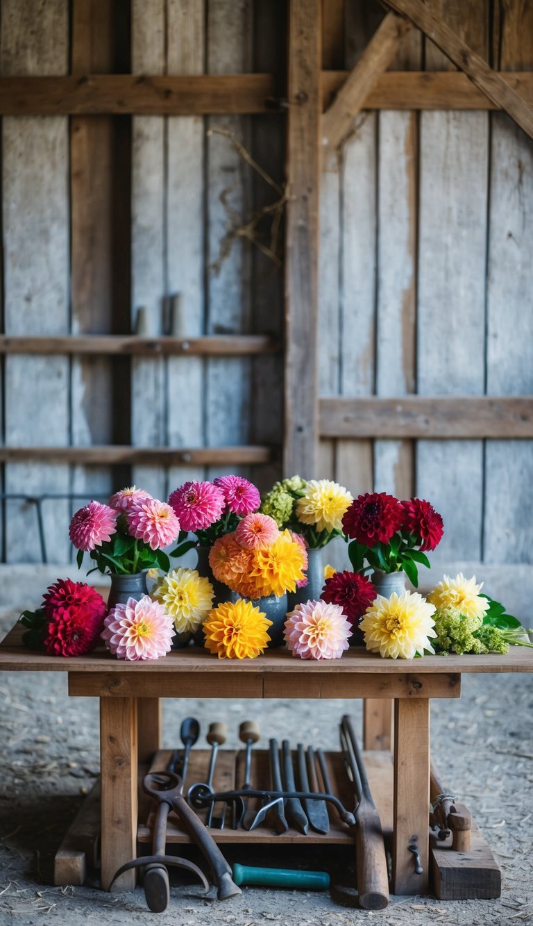 A rustic barn setting with 10 different dahlia flower bouquets displayed on a wooden table, surrounded by vintage farm tools and a backdrop of weathered barn walls