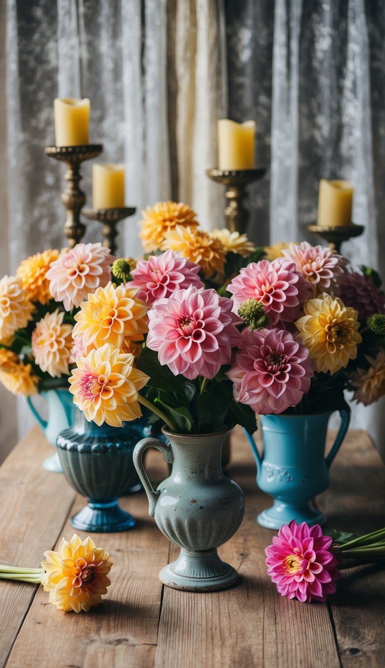 A rustic wooden table adorned with 10 dahlia flower bouquets in vintage vases, set against a backdrop of lace curtains and antique candle holders