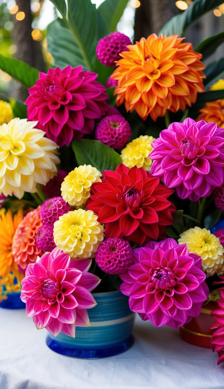 A vibrant tropical fiesta with 10 bold Dahlia flower bouquets in various colors and arrangements