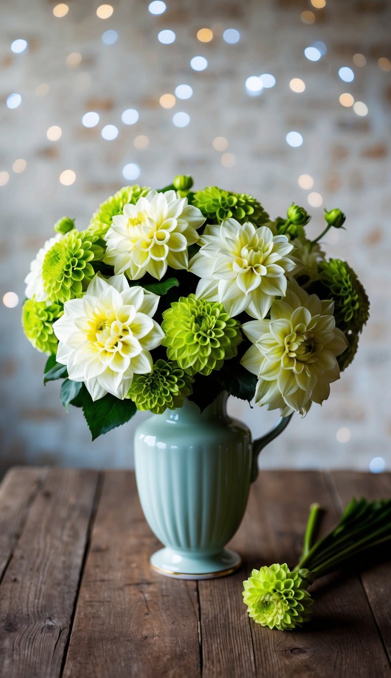 A white and green Dahlia bouquet arranged in a classic vase on a rustic wooden table