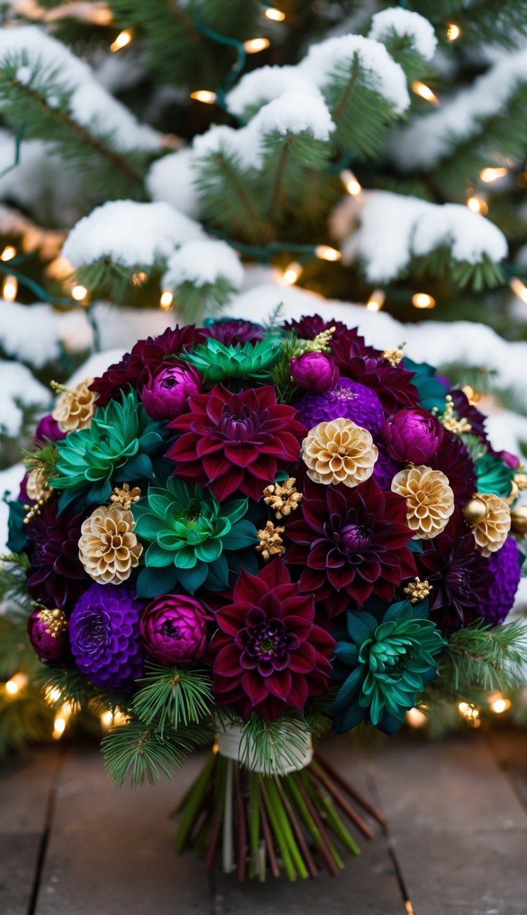 A lush bouquet of deep purple, burgundy, and emerald dahlia flowers, accented with rich gold and sapphire tones, set against a backdrop of snowy pine branches and twinkling fairy lights