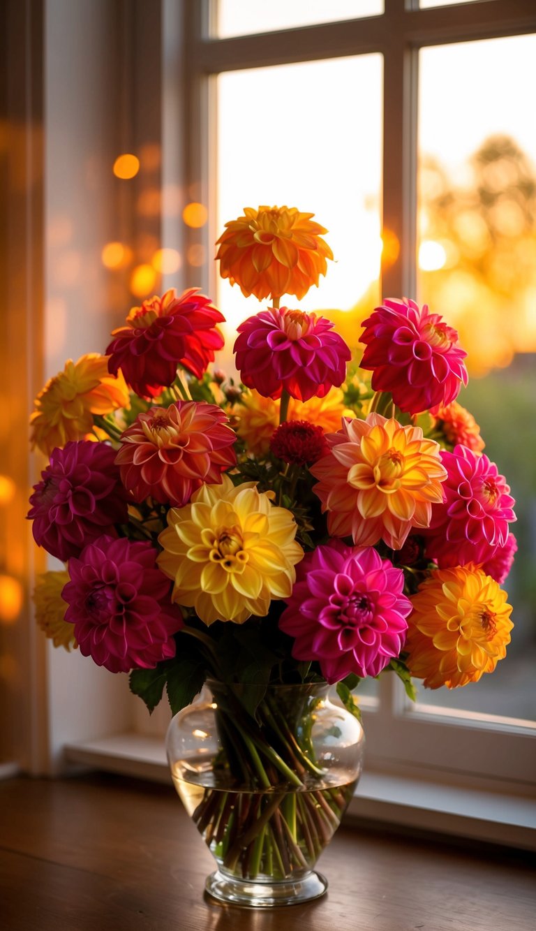 A vibrant bouquet of sunset-colored dahlias arranged in a glass vase, with warm golden light streaming through a window onto the flowers