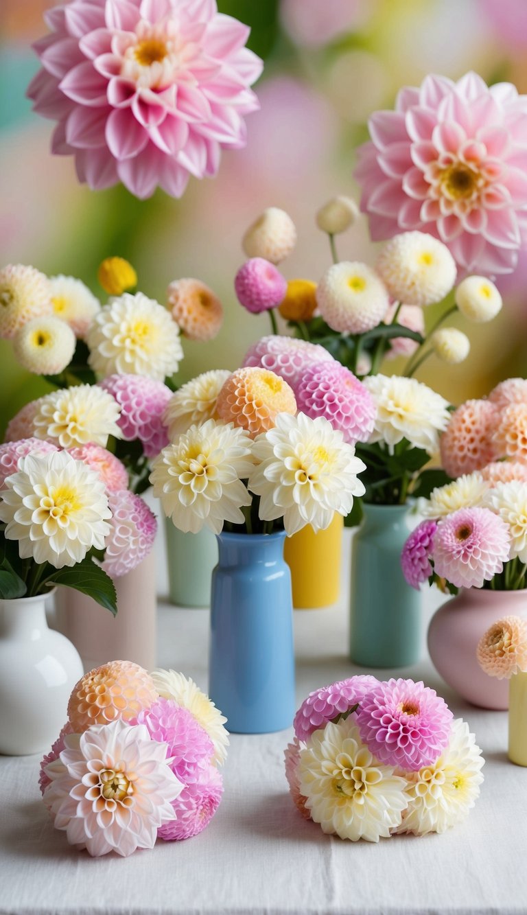 A table adorned with 10 pastel dahlia bouquets in various vases, set against a backdrop of soft spring colors and natural light