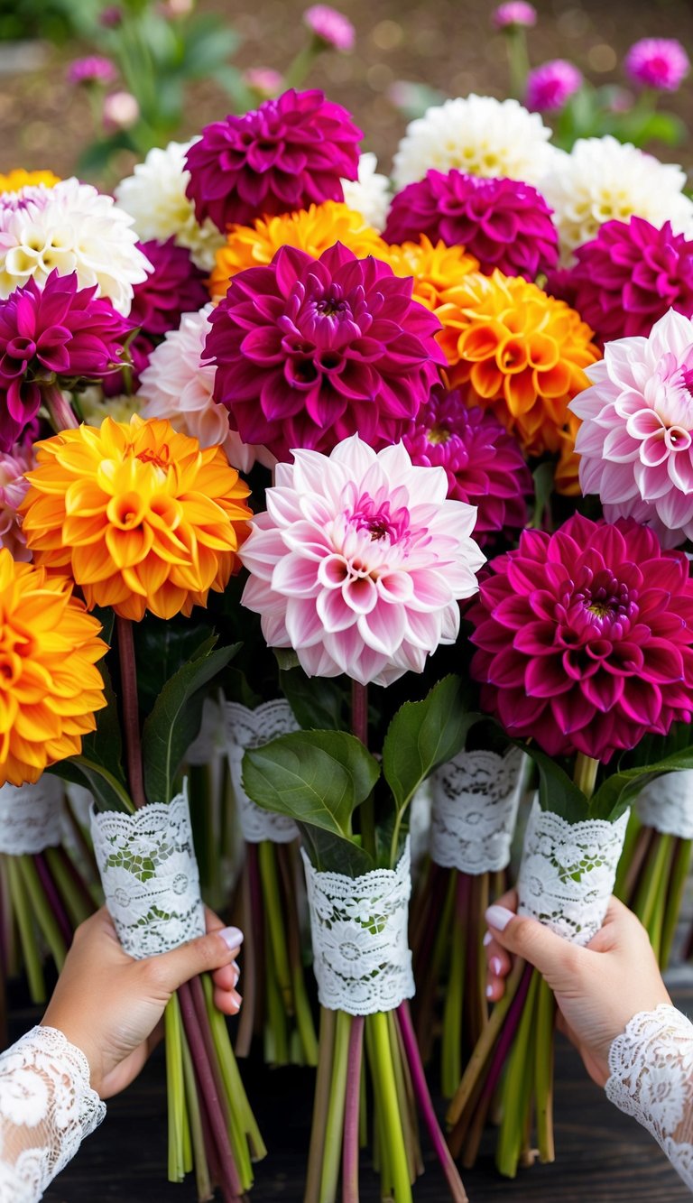 Lace-wrapped stems hold vibrant dahlia bouquets, arranged in 10 different ideas