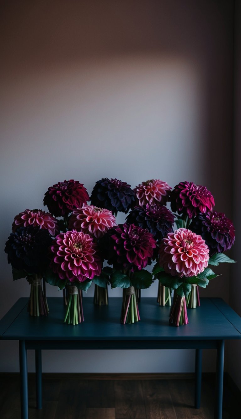 A dimly lit room with a table holding ten dahlia bouquets in deep, moody hues of burgundy, plum, and black