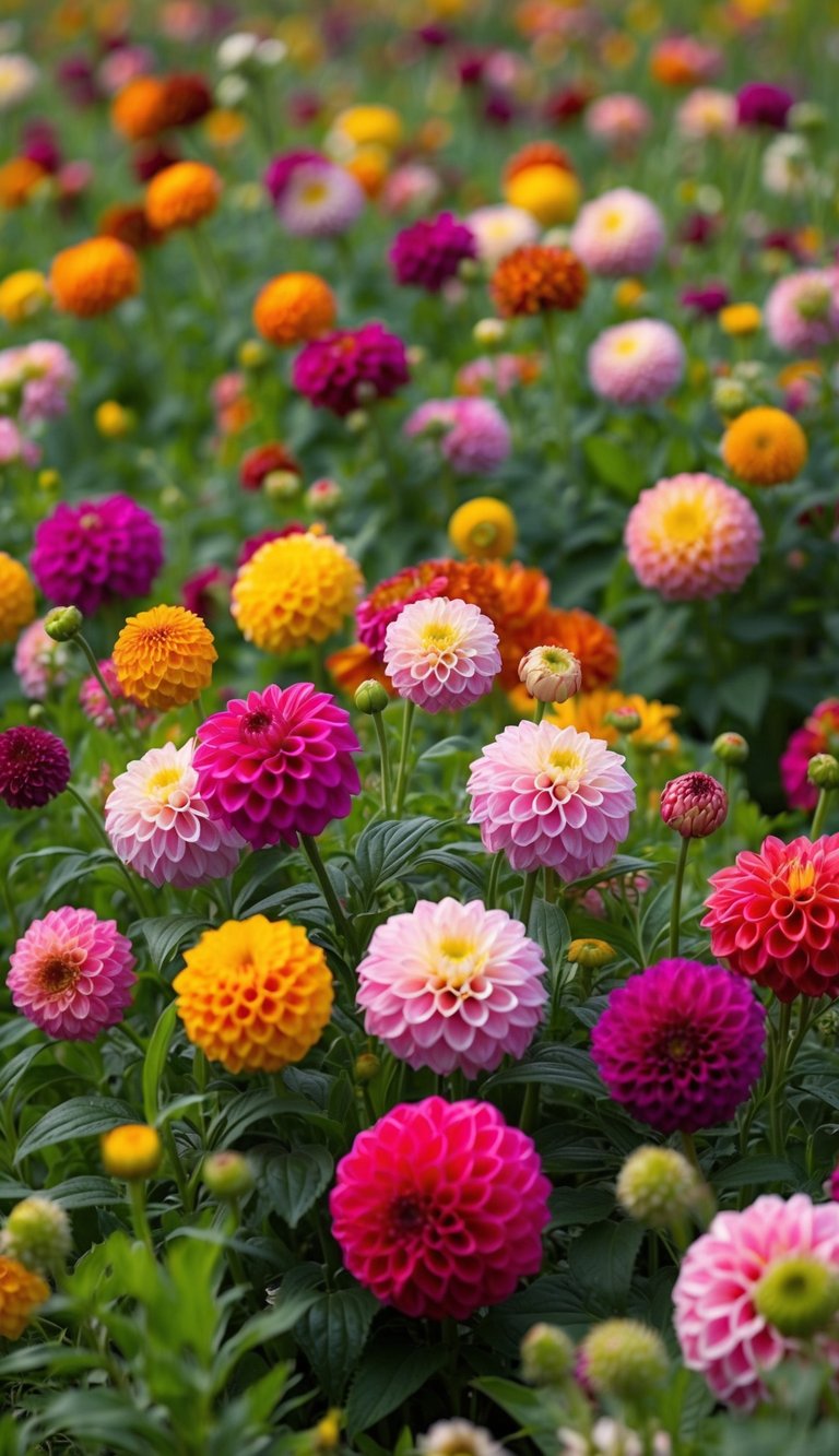 A lush field of wildflowers, dominated by vibrant dahlias in a variety of colors, swaying gently in the breeze