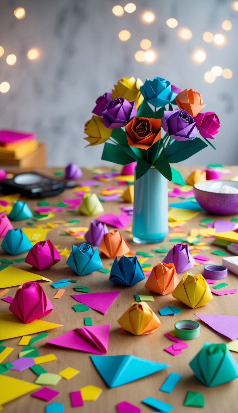 A table covered in colorful origami paper roses, surrounded by scattered crafting supplies and a finished bouquet in a vase