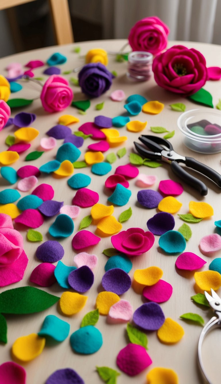 A table scattered with colorful felt flower petals and leaves, surrounded by crafting supplies and tools for creating DIY rose bouquets