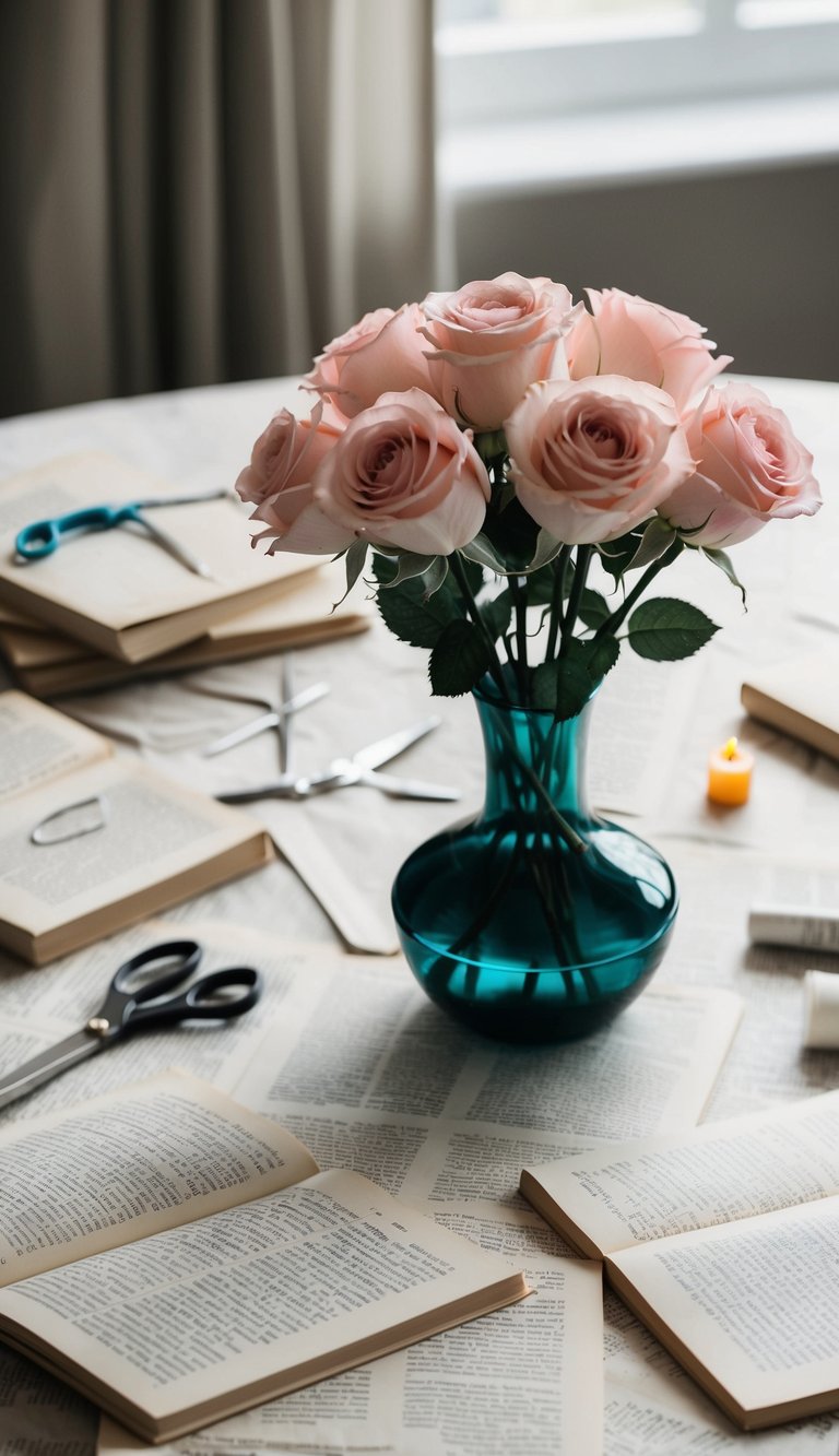 A table scattered with book pages, scissors, and glue, with a finished DIY rose bouquet in a vase