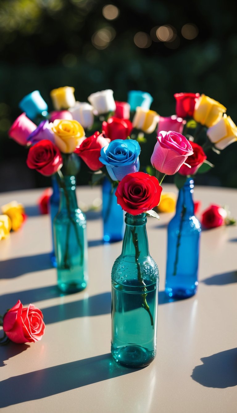 A table scattered with colorful recycled bottle roses arranged in a DIY bouquet