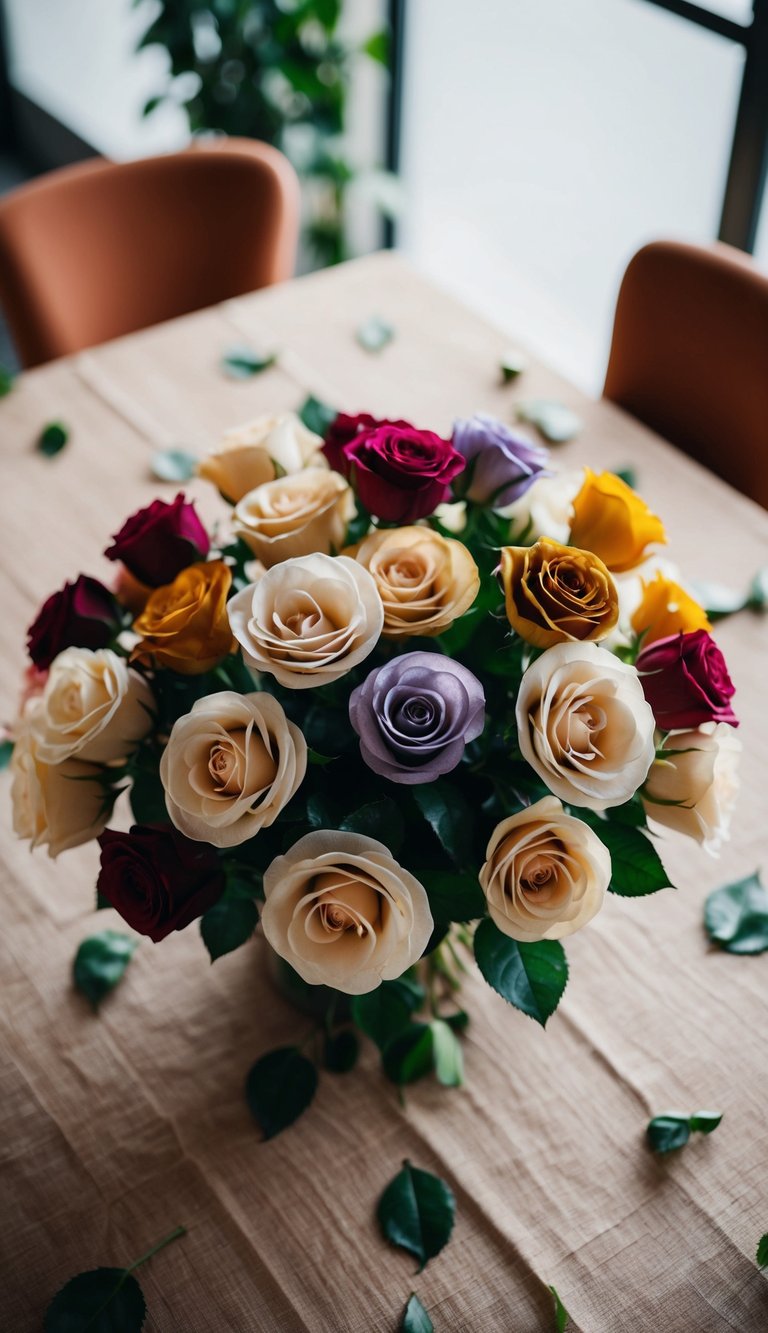 A table covered in coffee filter roses of various colors, arranged in a bouquet