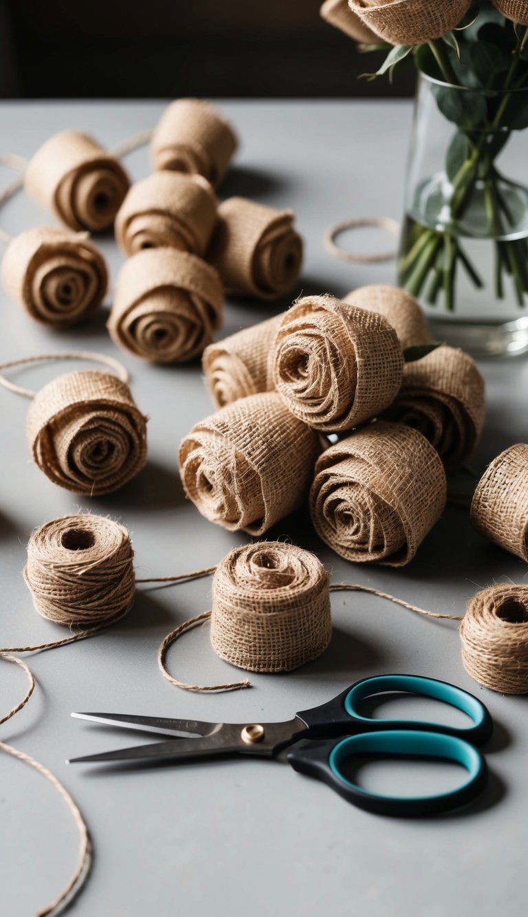 A table scattered with burlap roses, spools of twine, and scissors. A vase sits nearby, ready to hold the finished DIY bouquet