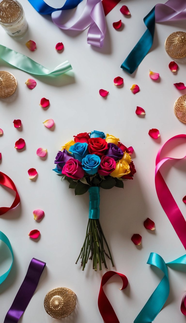 A table with various colored ribbons and rose petals scattered around, with a finished ribbon rose bouquet in the center