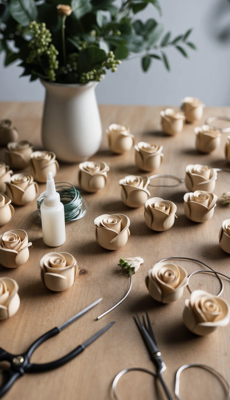 A table scattered with wooden roses, glue, and floral wire. A pair of scissors and a vase filled with greenery sit nearby
