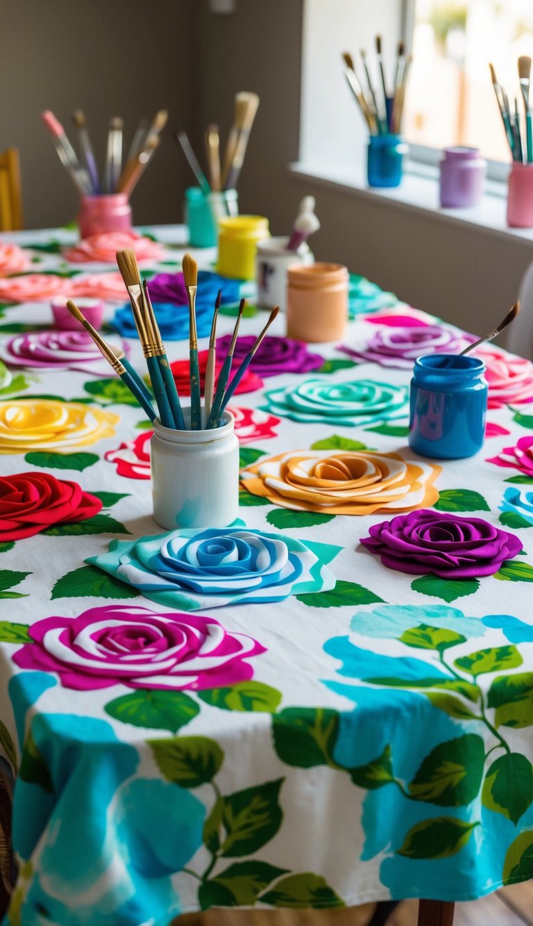A table covered in fabric painted roses of various colors and sizes, surrounded by paintbrushes and jars of paint