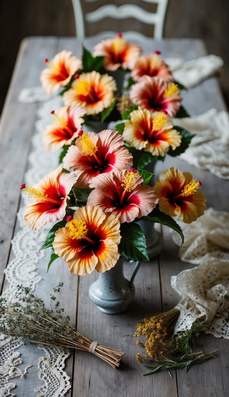 A weathered wooden table adorned with 10 rustic hibiscus flower bouquets in vintage vases, surrounded by antique lace and delicate dried herbs
