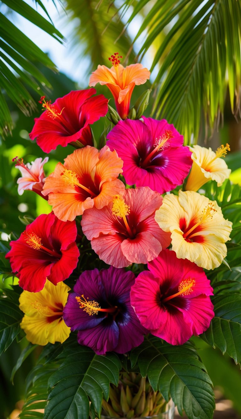 A vibrant bouquet of 10 hibiscus flowers in various colors and sizes, set against a lush tropical backdrop with palm leaves and bright sunlight