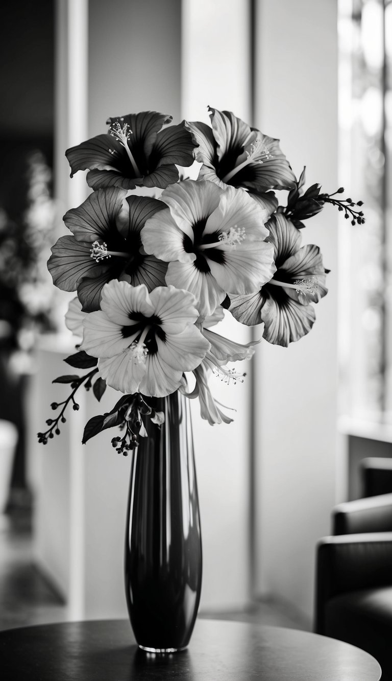 A sleek, monochrome vase holds a stunning bouquet of hibiscus flowers, their elegant petals cascading in various shades of black and white