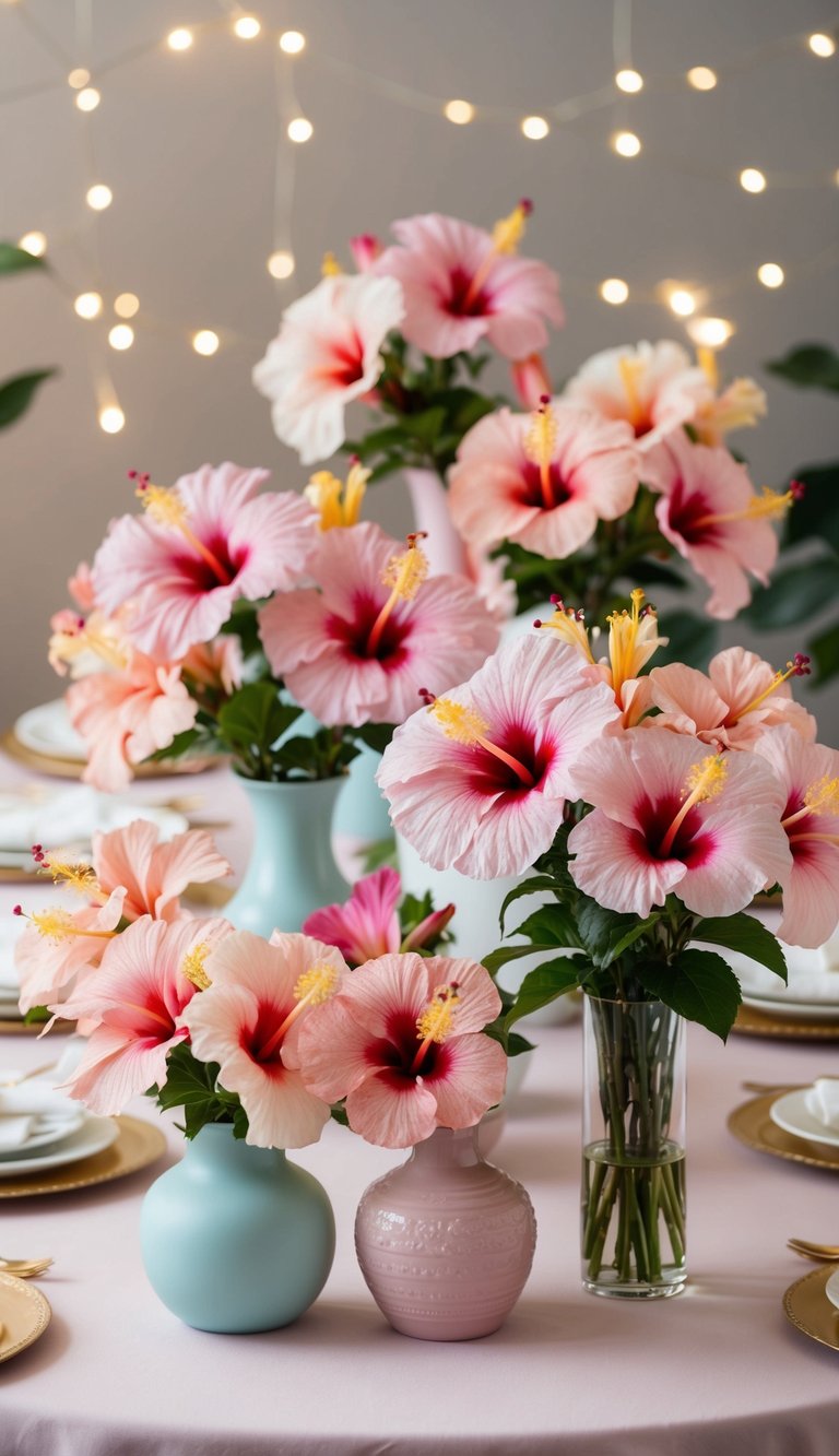 A table adorned with 10 pastel hibiscus bouquets in various vases, surrounded by soft, romantic lighting