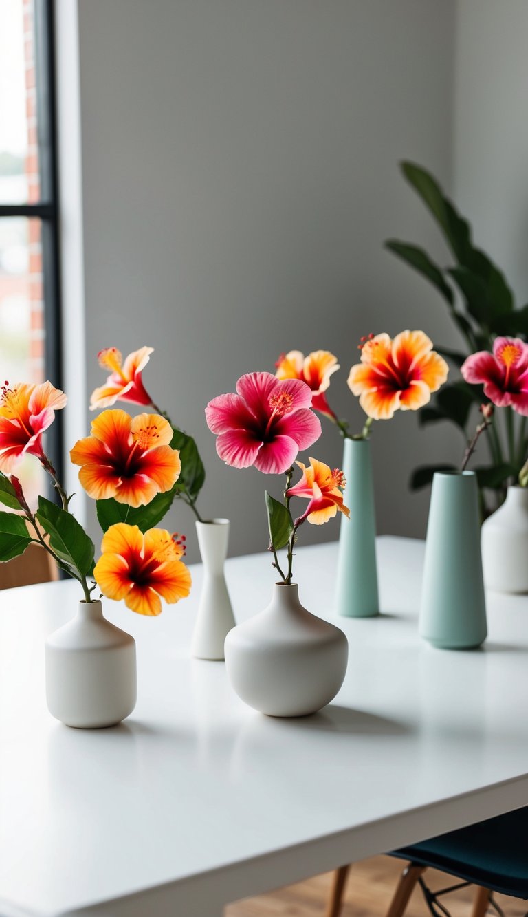 A simple, white table with 10 hibiscus flower bouquets in various minimalist vases