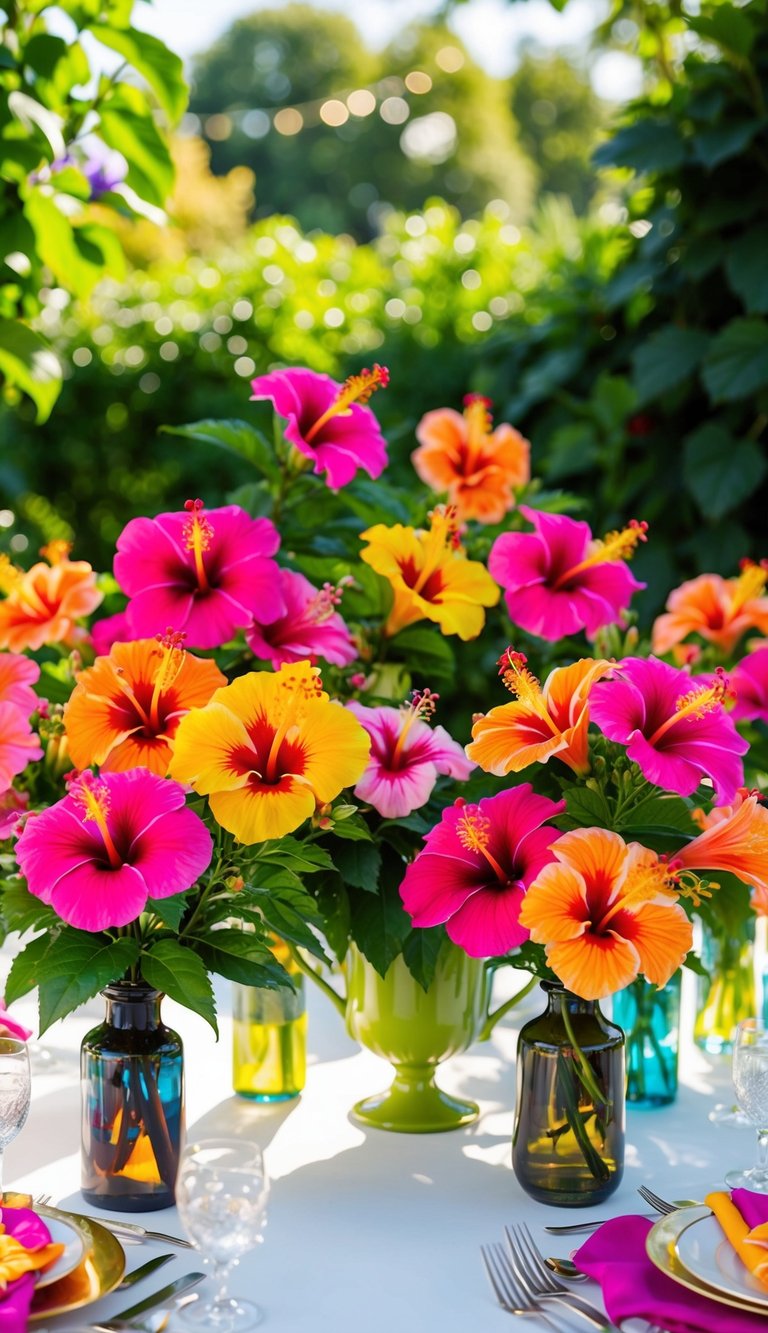 Vibrant hibiscus bouquets arranged in various vases on a garden party table, surrounded by lush greenery and dappled sunlight