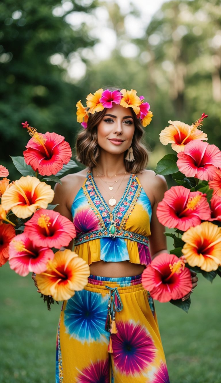 A colorful boho chic ensemble surrounded by 10 hibiscus flower bouquets