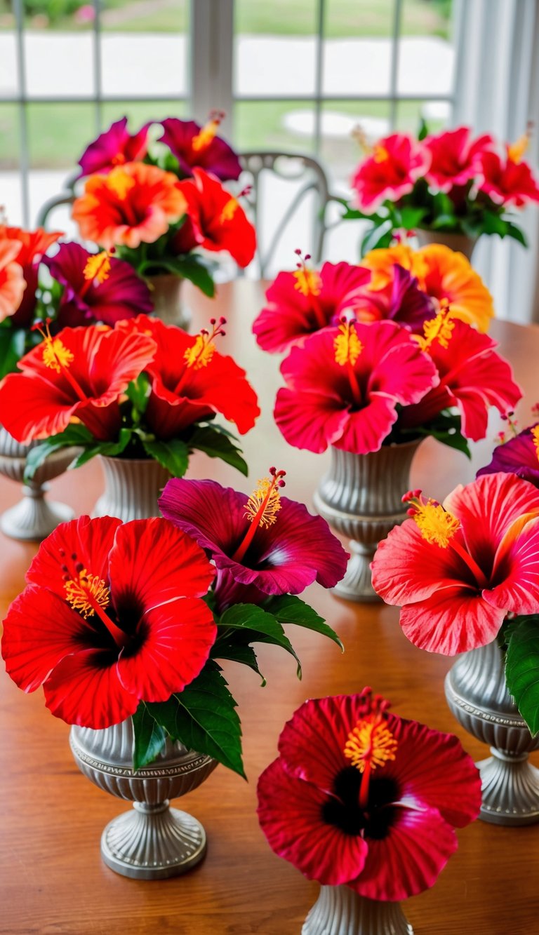 A table set with 10 vibrant hibiscus flower bouquets in various classic red hues, arranged in elegant vases