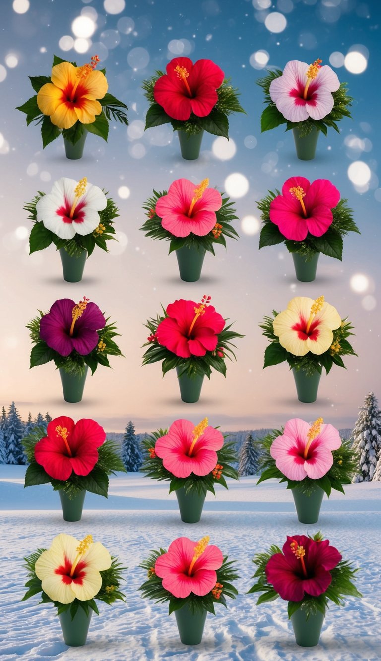 A snowy landscape with 10 hibiscus flower bouquets arranged in a variety of creative and festive ways