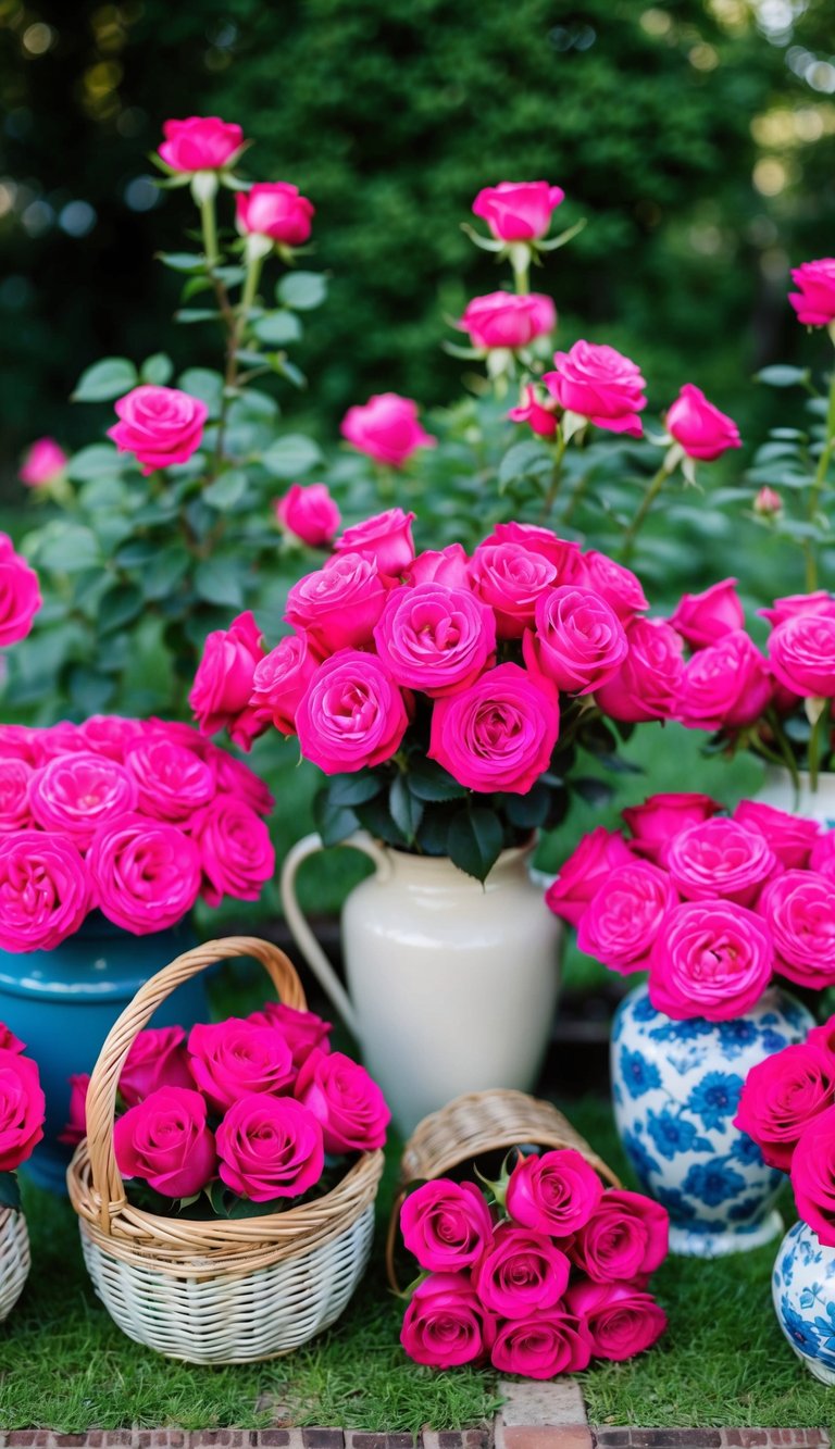 A vintage garden with 10 hot pink rose bouquets arranged in various vases and baskets