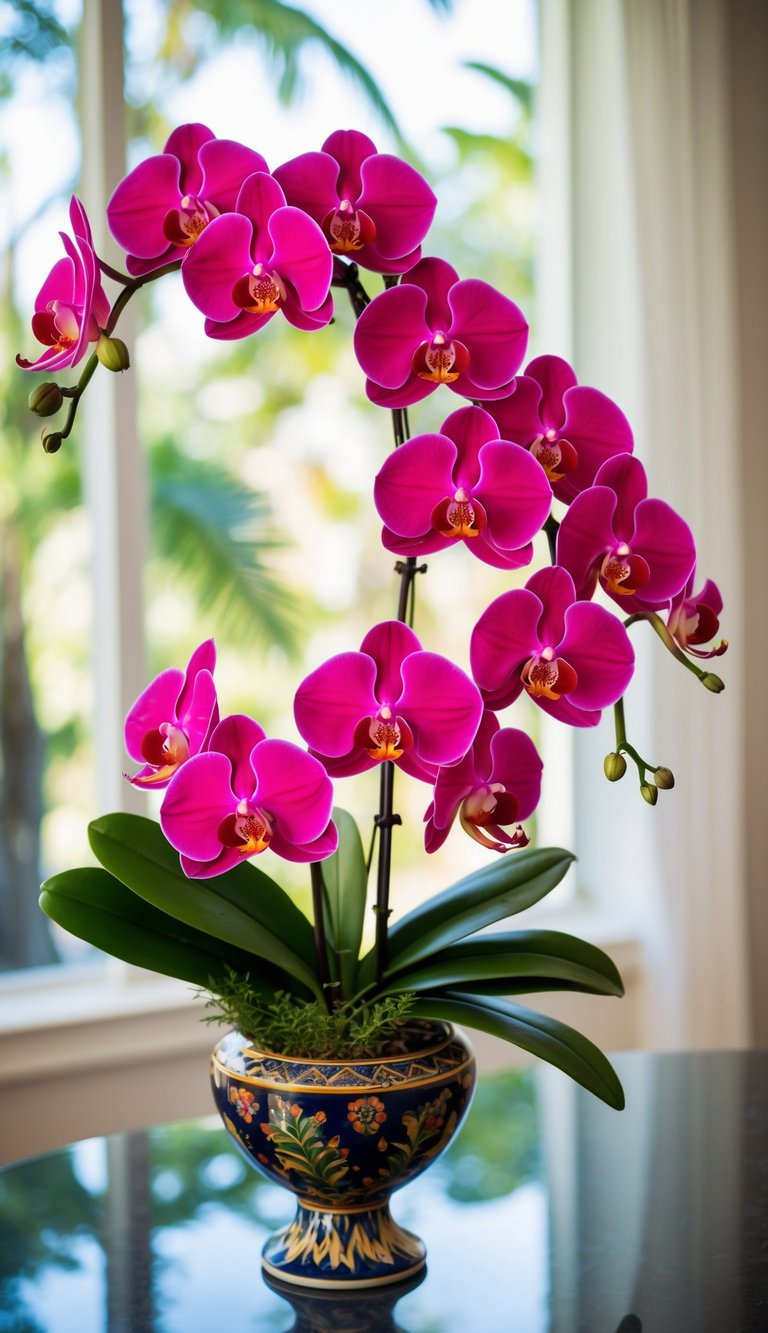 A vibrant tropical orchid arrangement with hot pink flowers in a decorative vase