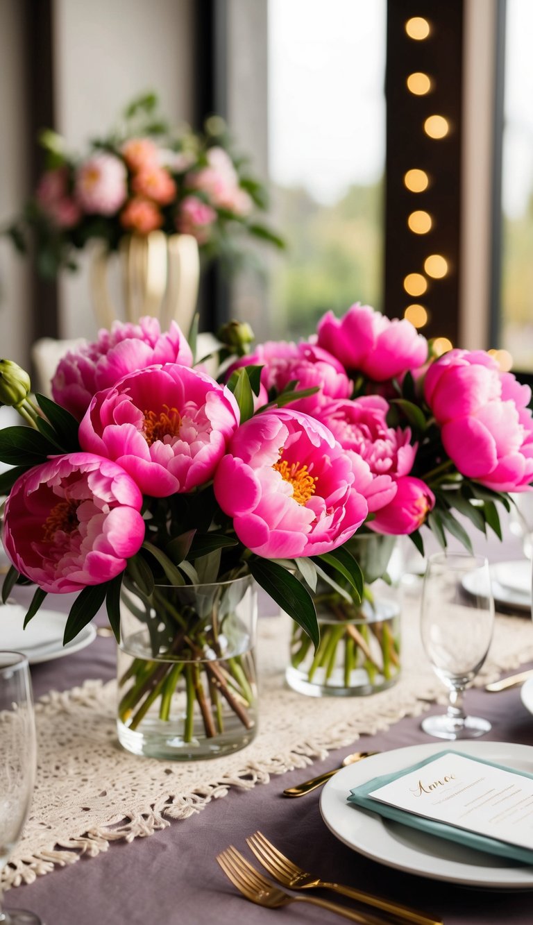 A table adorned with vibrant hot pink peonies in a bohemian style bouquet