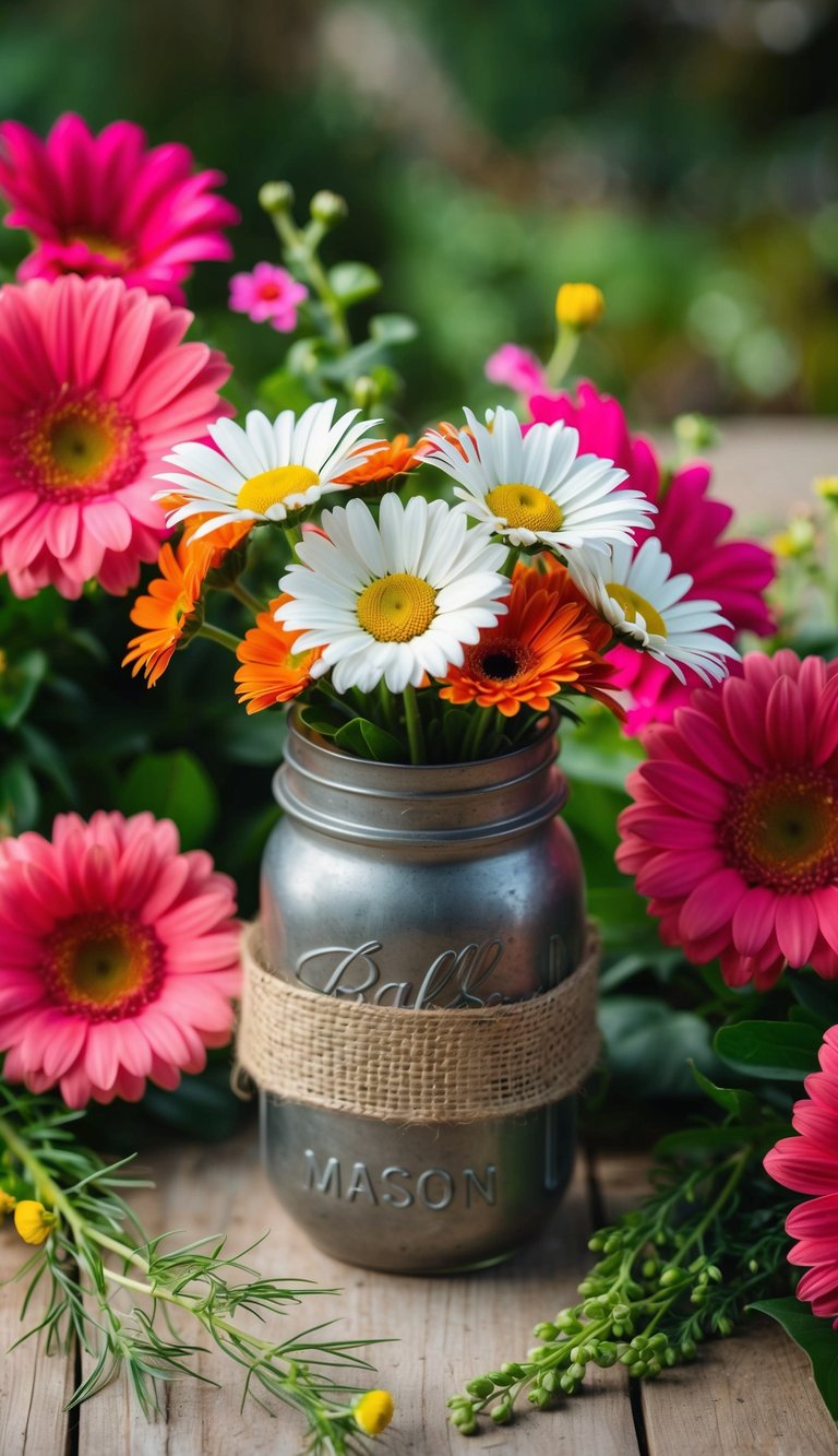 A rustic daisy bouquet sits in a mason jar, surrounded by vibrant hot pink flowers and lush greenery
