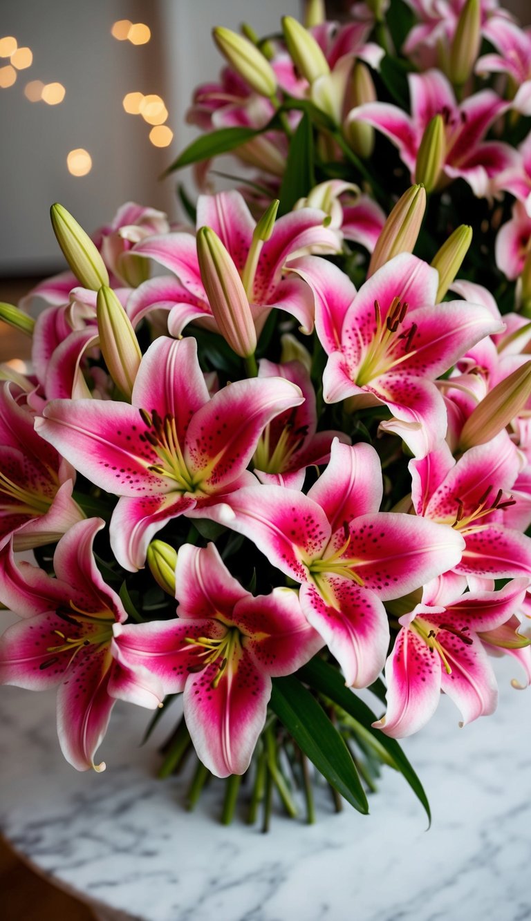A cluster of elegant lilies in hot pink hues arranged in a bouquet