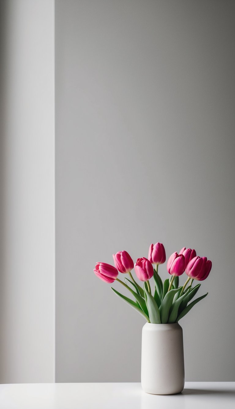 A simple vase holds 10 hot pink tulips in a minimalist setting