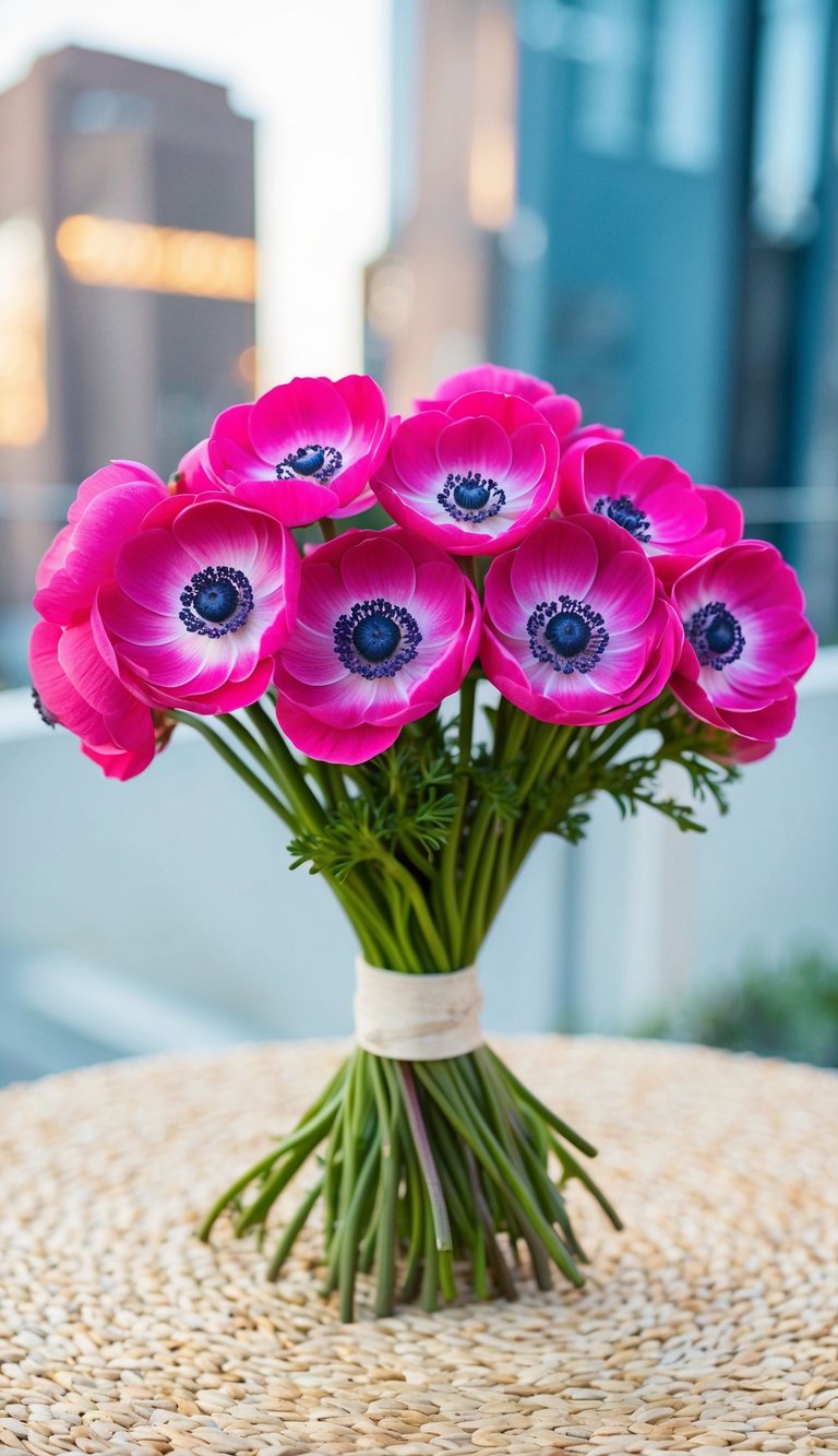 A vibrant bundle of hot pink anemone flowers arranged in a chic and stylish bouquet