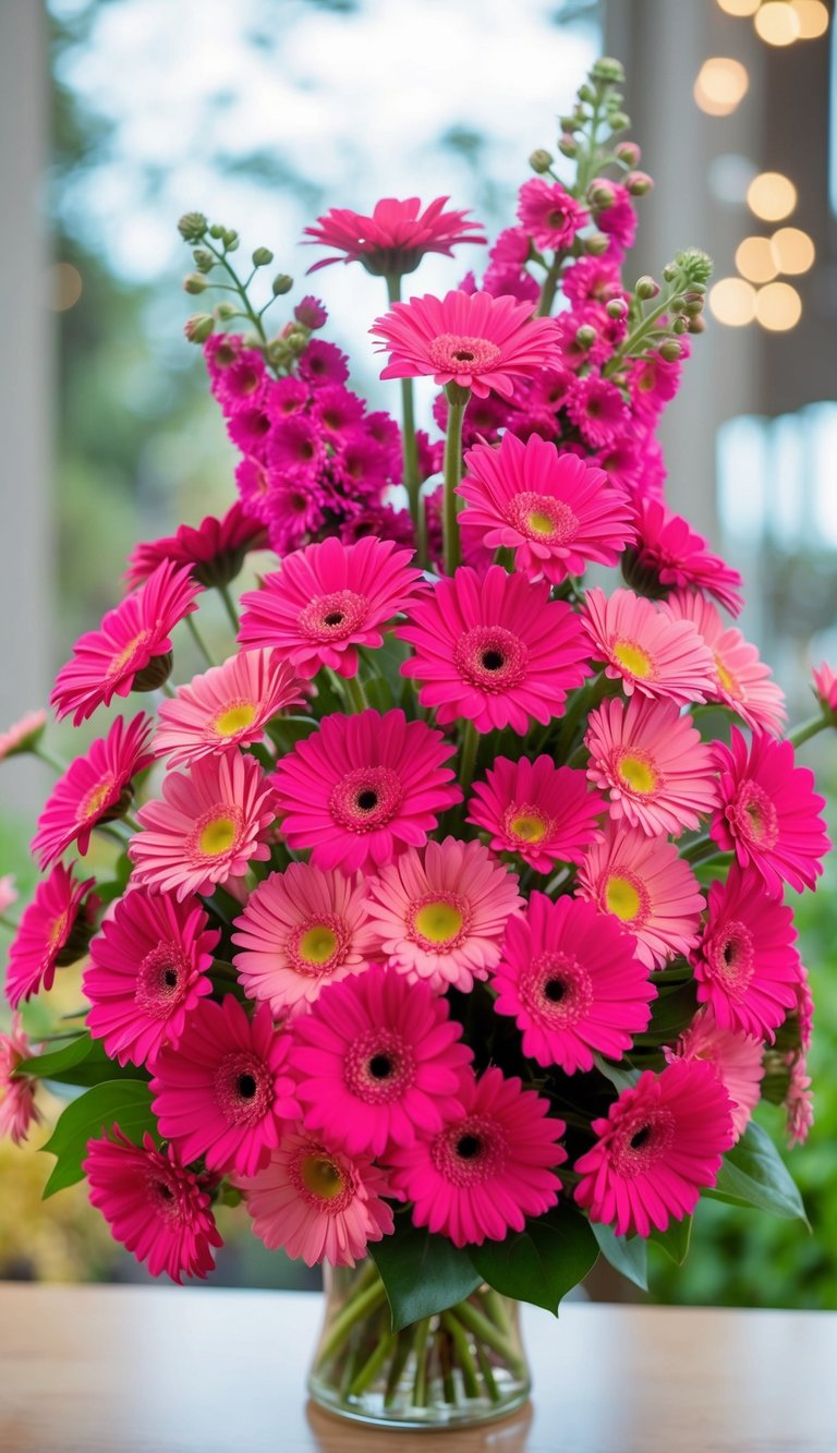 A vibrant explosion of hot pink gerbera daisies arranged in a stunning bouquet
