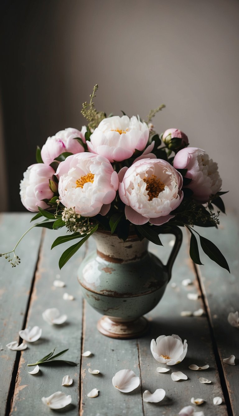 A charming rustic peony bouquet displayed in a vintage vase on a weathered wooden table, surrounded by scattered petals and delicate greenery