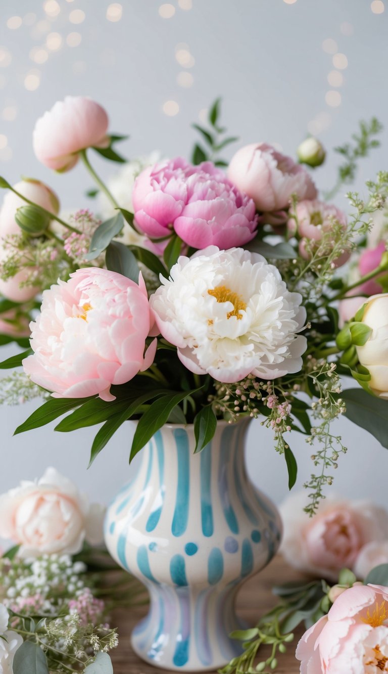 A charming peony bouquet surrounded by pastel pink and white flowers, accented with delicate greenery and displayed in a whimsical vase