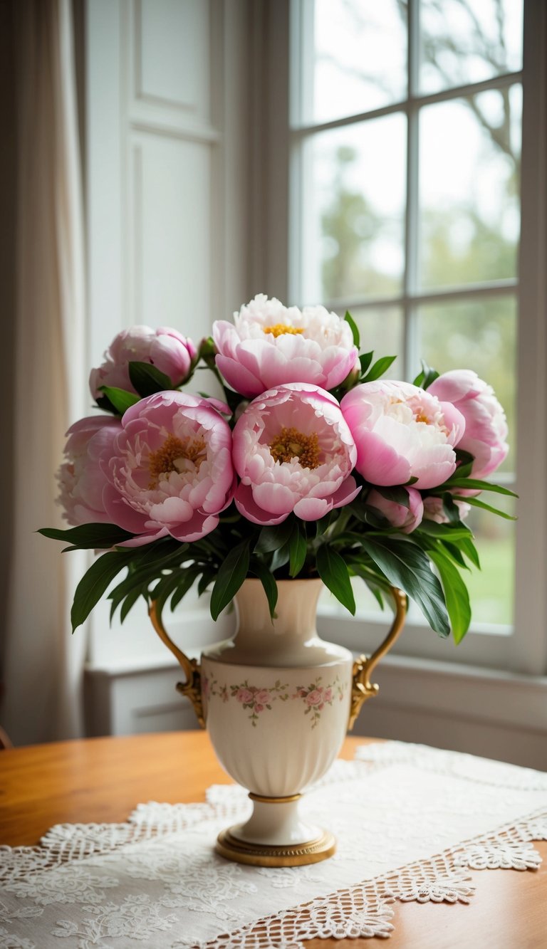 A vintage peony bouquet displayed in an elegant vase on a lace table runner, with soft natural light streaming through a nearby window