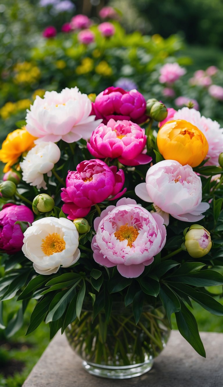 A vibrant mix of peonies in a lush garden setting, with various colors and sizes creating a beautiful and elegant bouquet